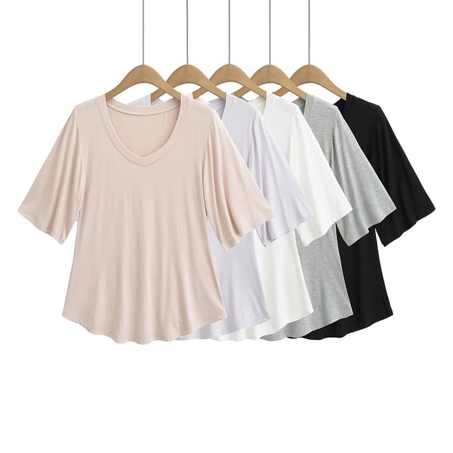 Hollahop-Elbow Sleeve V-Neck Plain Tee