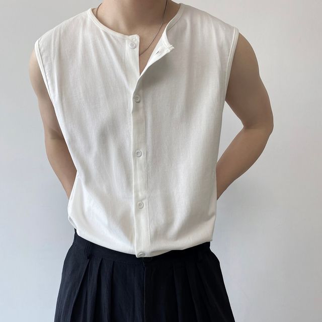 Bjorn-Sleeveless Crew Neck Plain Button Top