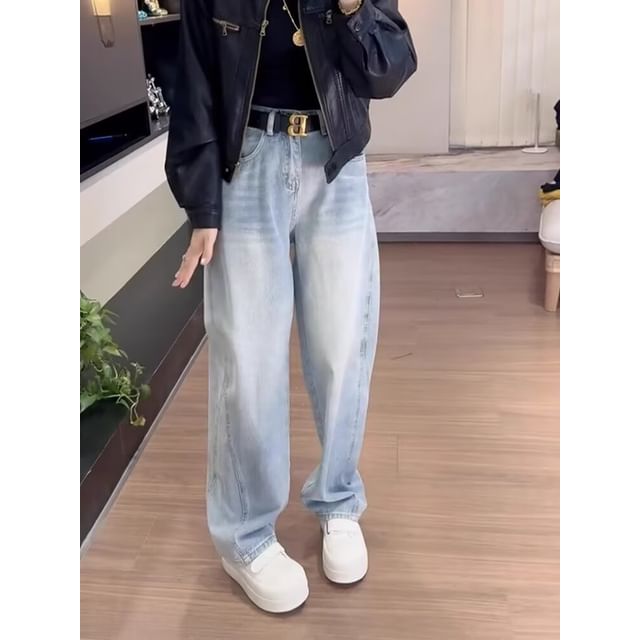Wildfoea-High Waist Washed Wide Leg Jeans