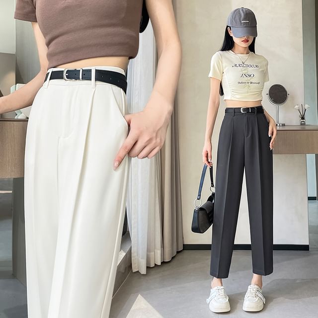 Jaqmine-High Rise Plain Cropped Tapered Slacks