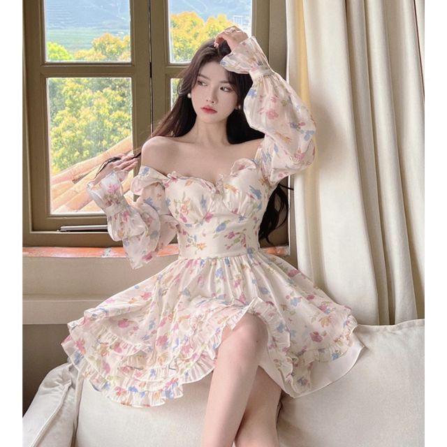 Long-Sleeve Off-Shoulder Floral Frill Trim Corset Dress