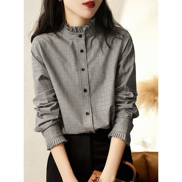 Jeonseon-Plaid Frill Trim Blouse