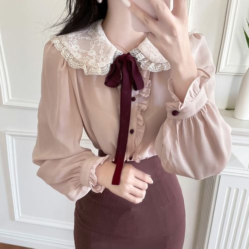 Long-Sleeve Lace Collar Bow Accent Frill Trim Button-Up Blouse
