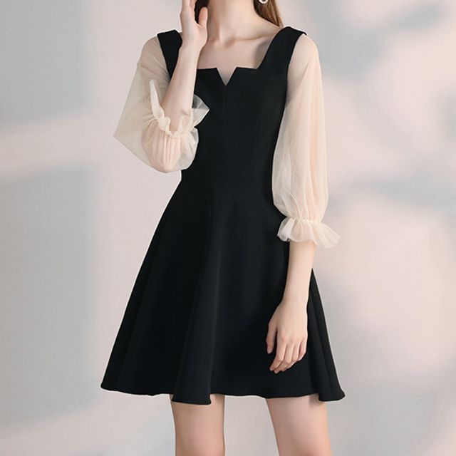 LEFFA - 3/4-Sleeve Mesh A-Line Mini Dress | YesStyle