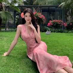 Spaghetti Strap Floral Ruffle Trim Maxi A-Line Sundress