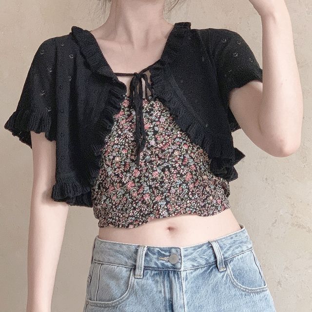 Glotto-Frill Trim Open Front Cropped Cardigan