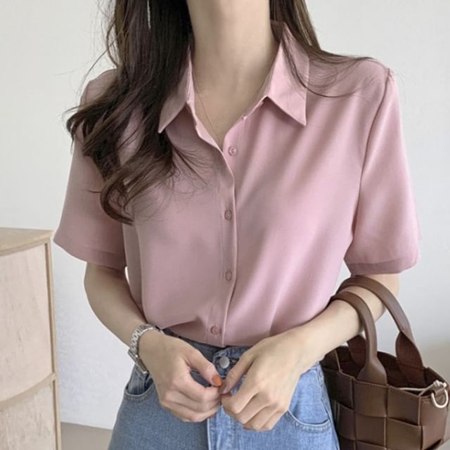 MIKIGA-Elbow-Sleeve Button-Up Plain Shirt