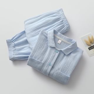 Finlies Pajama Set Long Sleeve Collared Plain Shirt + Elastic Waist Harem Pants