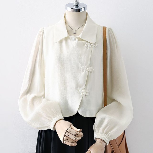 Cossita-Puff-Sleeve Frog Buttoned Plain Blouse