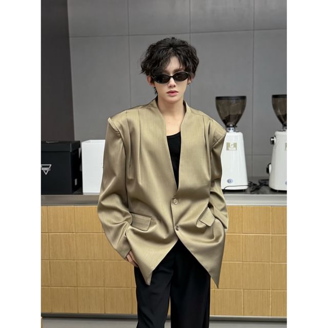 ravewider-Collarless Button-Up Plain Blazer