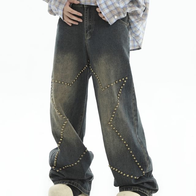 INStudio-Mid Rise Washed Studded Straight Leg Jeans