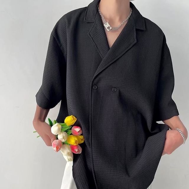 Urtishia-Elbow-Sleeve Double Breasted Plain Blazer