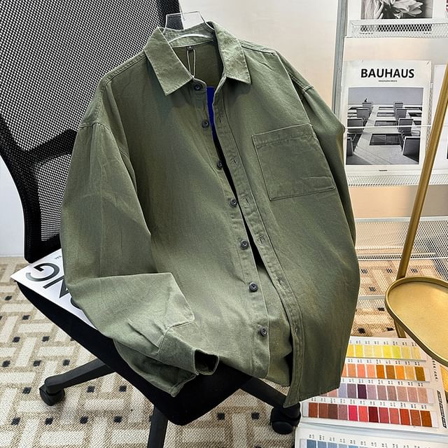 Whyessa-Long Sleeve Pocket Front Plain Shirt