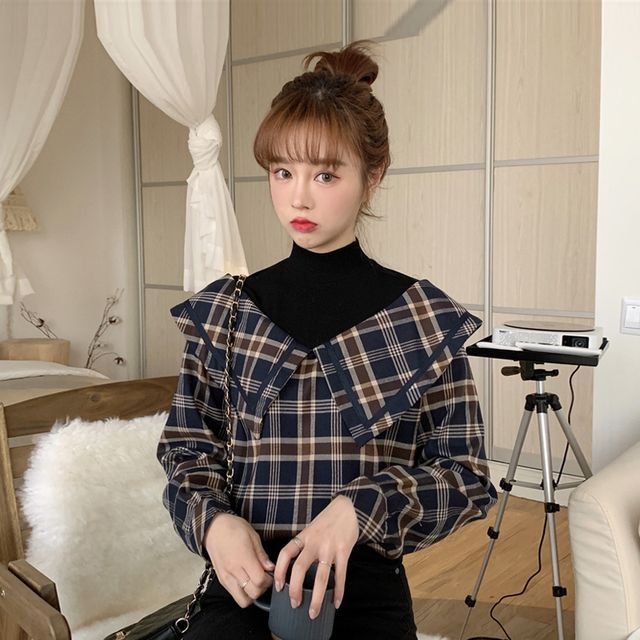 Dshe-Mock Two-Piece Plaid Blouse