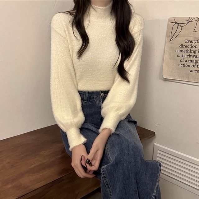 Sienne-Turtleneck Plain Fluffy Crop Sweater