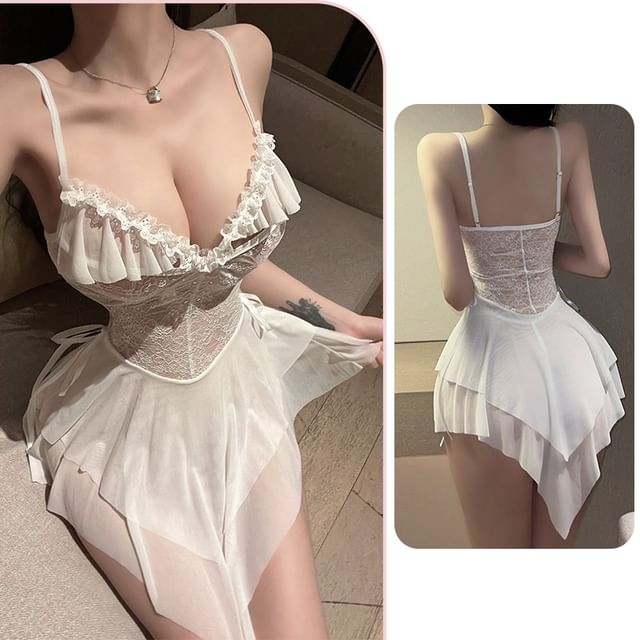 Candyiry-Set Spaghetti Strap V-Neck Plain Asymmetrical Lace Panel Ruffle Trim Nightdress G-String