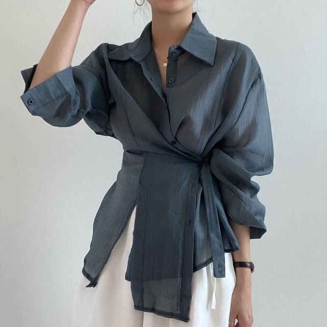 Coris - Asymmetrical Long-Sleeve Wrap Shirt | YesStyle