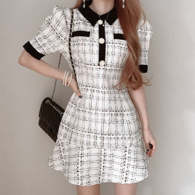 Coris-Short-Sleeve Collared Tweed Mini A-Line Dress