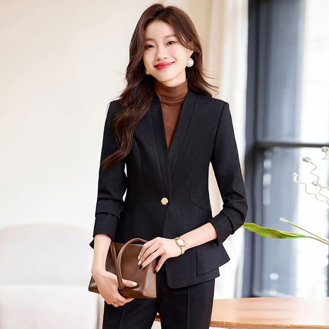 Skyheart-V-Neck Plain Peplum Single-Button Blazer High Rise Flared Dress Pants Set