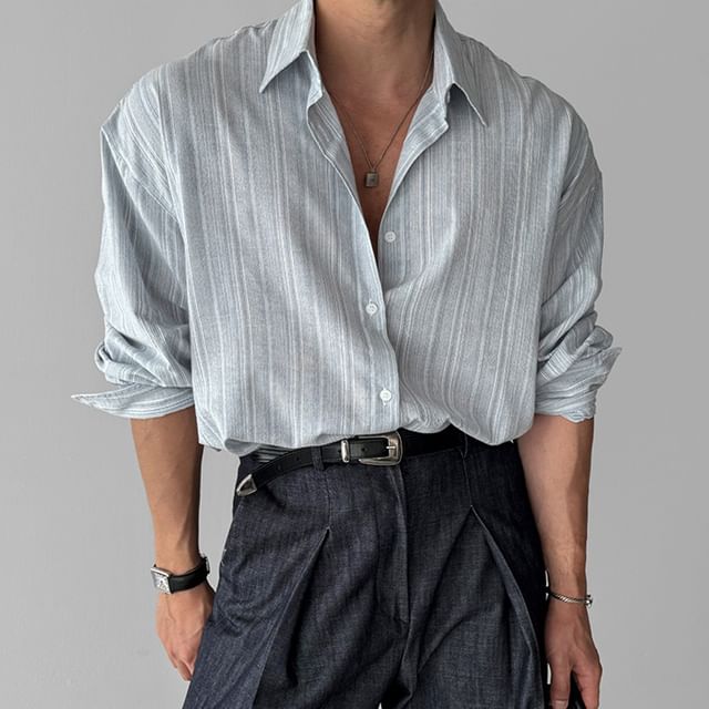 GRAYCIOUS-Long-Sleeve Striped Button-Up Shirt