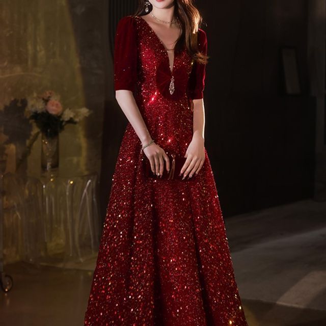 knee length dresses for ladies Mauve Long Sleeve Sequin Embellished A-Line Dress 10 / Mauve main image 0