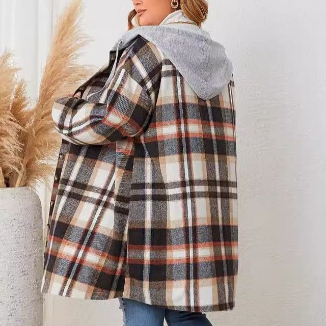 PlusPretty-Plaid Hooded Long Single-Breasted Coat