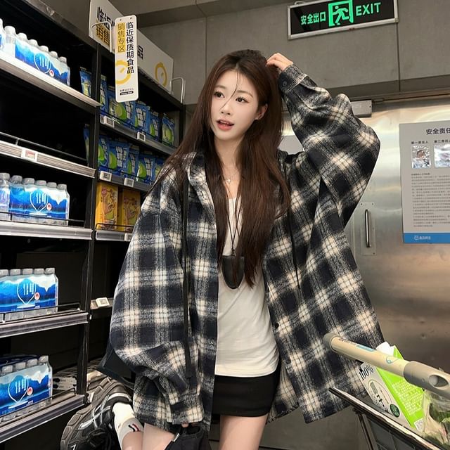 Yako-Hooded Button-Up Plaid Shirt Jacket