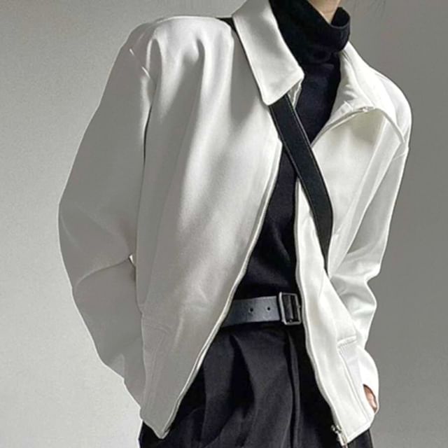 Real Boy-Collar Plain Zip Jacket