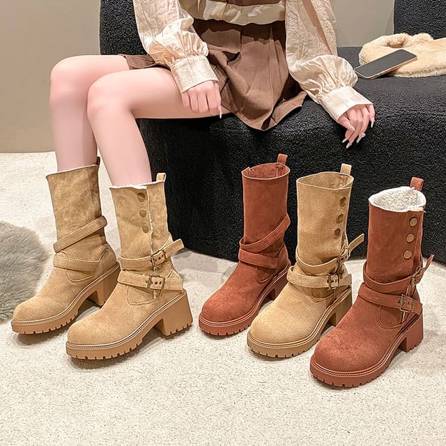 Asterisk-Faux Leather Buckled Platform Mid Calf Boots