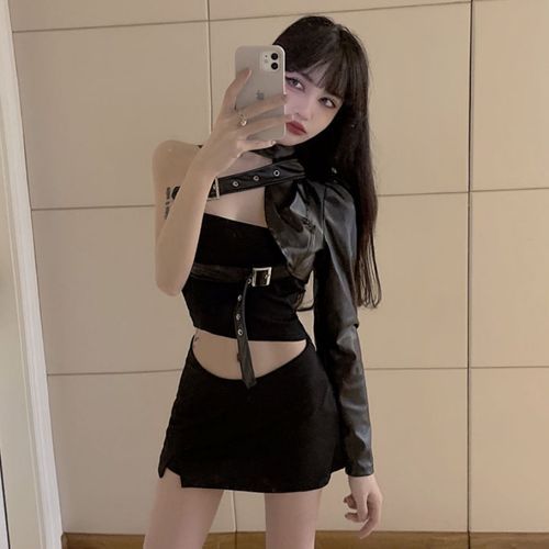 One-Shoulder Cropped Faux Leather Jacket / Tube Top / Side-Slit Skort / Set