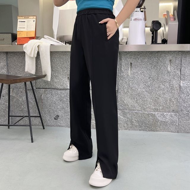 Telipino-Elastic Waist Plain Wide Leg Pants