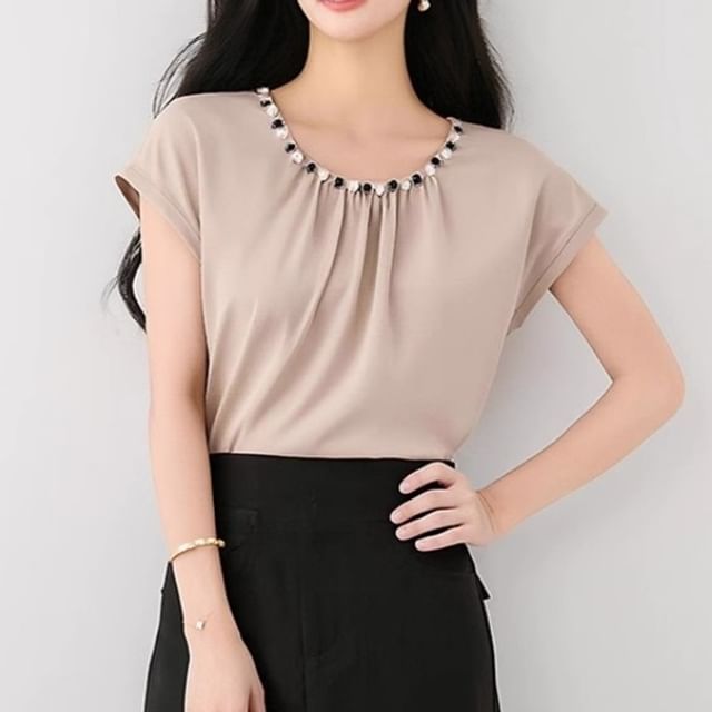 Dragan Pulse-Cap-Sleeve Crew Neck Plain Beaded Blouse