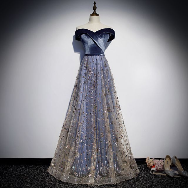 MSSBridal-Off Shoulder Plain Sequin Glitter Velvet Panel Mesh A-Line Wrap Evening Gown