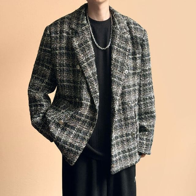 Freehop-Notch Lapel Tweed Double Breasted Blazer