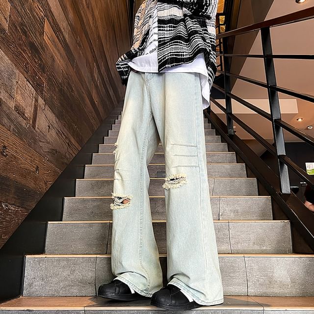 Fushet-Mid Rise Washed Distressed Wide Leg Jeans