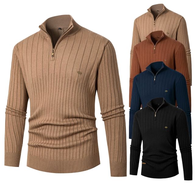 Blueforce-Long-Sleeve Half-Zip Neck Plain Ribbed Sweater