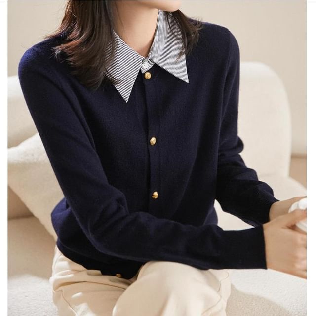 Jeonseon-Mock Two-Piece Striped Collar Button-Up Cardigan