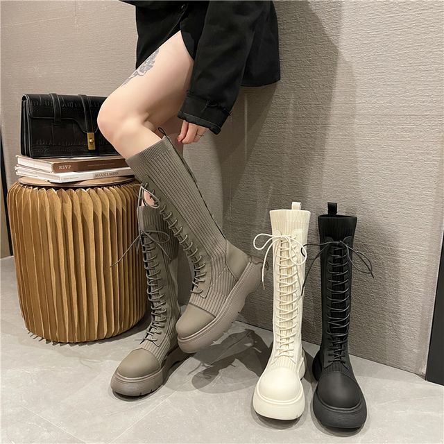 Nikao-Platform Lace-Up Tall Sock Boots