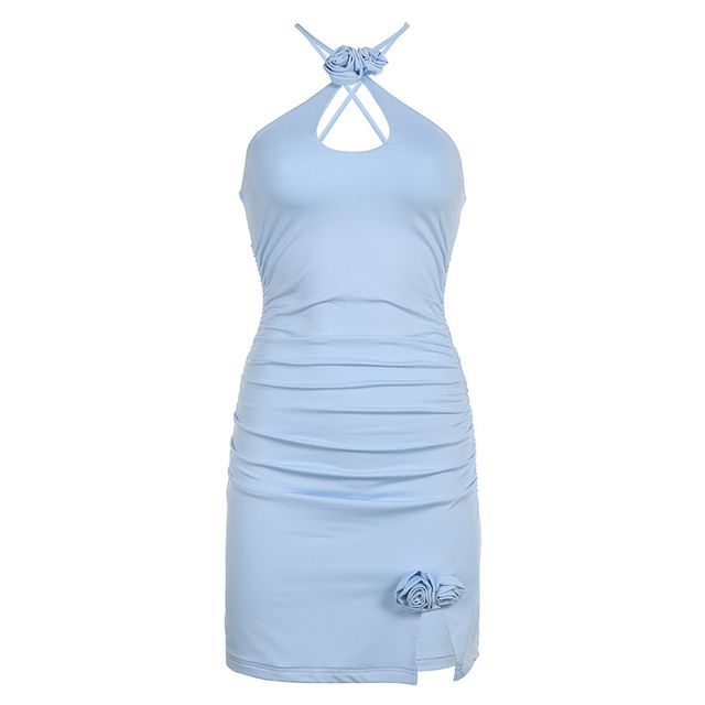 princess polly baby blue dress boohoo Women's Lace Keyhole Flare Sleeve Mini Dress