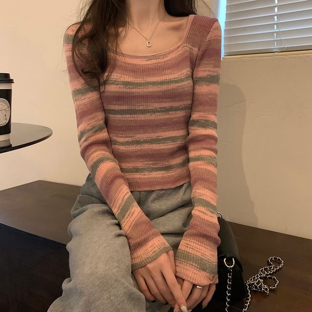 Yako-Long-Sleeve Square Neck Striped Knit Top