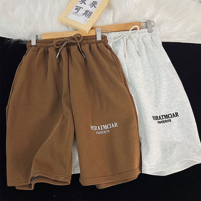 Drawstring Waist Lettering Embroidered Sweat Shorts
