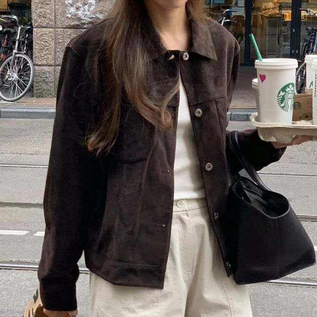 Jesong-Collared Button-Up Plain Jacket