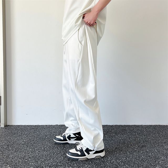 ravewider-Drawstring Waist Plain Adjustable Hem Wide Leg Pants