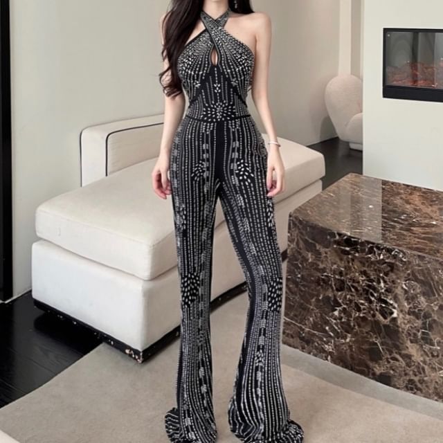 Magma-Halter Neck Rhinestone Wide Leg Jumpsuit