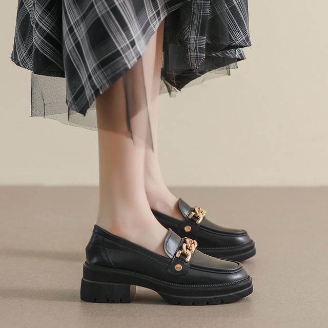 Anran-Round Toe Chain Chunky Heel Loafers