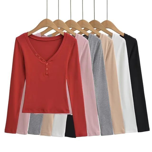 Asiris-V-Neck Long Sleeve Plain T-Shirt