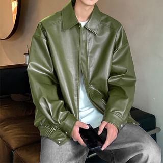 Obikan-Faux Leather Collared Zip-Up Jacket
