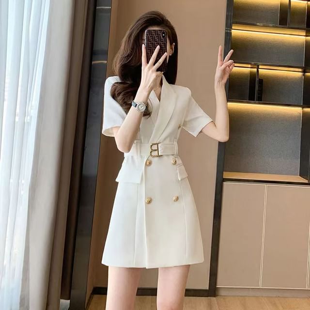 Jeonseon - Short-Sleeve Plain Double-Breasted Mini A-Line Blazer Dress | YesStyle Jeonseon - Short-Sleeve Plain Double-Breasted Mini A-Line Blazer Dress | YesStyle