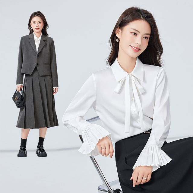 Princess Min-Long-Sleeve Tie-Neck Plain Button-Up Blouse Collared Pleated Cuff Blouse Notch Lapel Blazer High Waist Pleated Midi A-Line Skirt Set