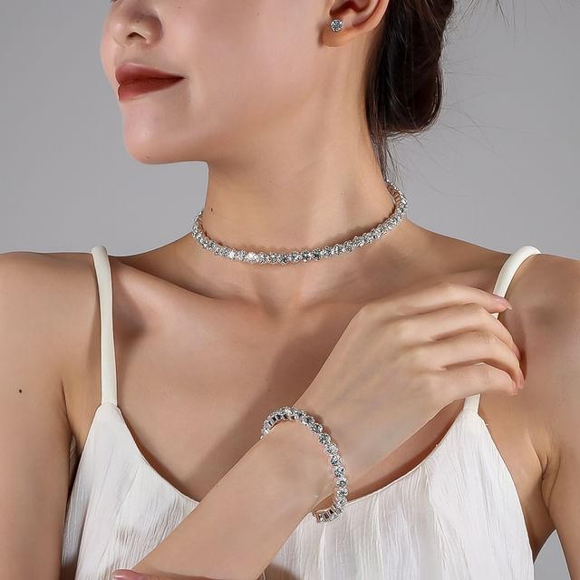 Sharkkira-Set Rhinestone Choker Bracelet Stud Earring